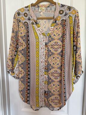 Anthropologie fig and flower Yellow & Blue Flora Striped Button Front Tunic